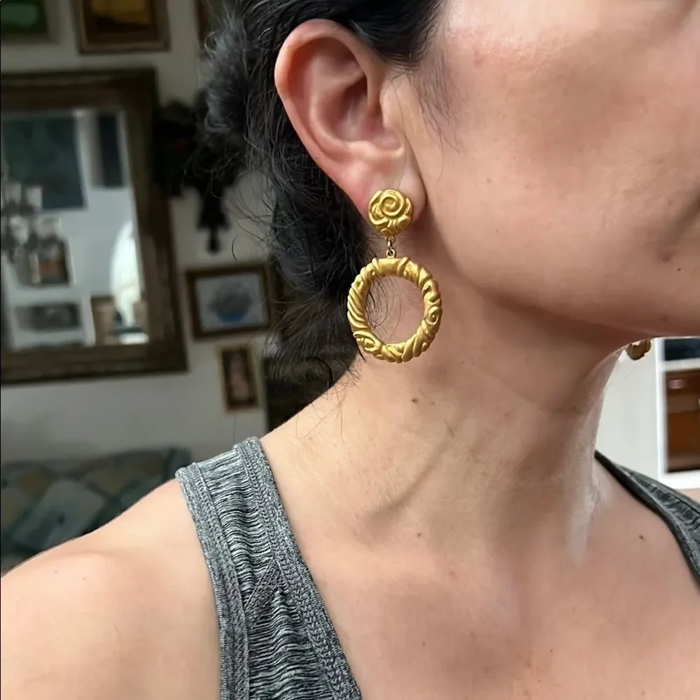 Gold Textured Hoop Earrings with Rosette Studs